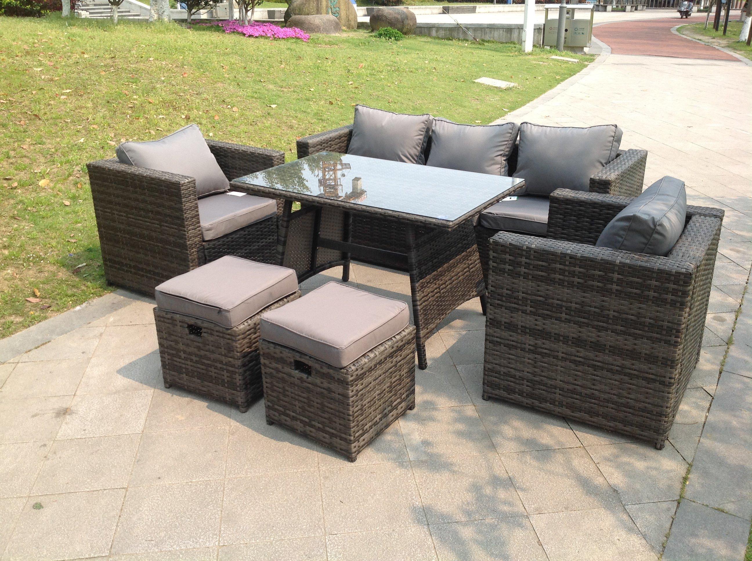 Rattan Garden Outdoor Sofa Set Chairs Rectangular Dining Table 2 Small Footstools 7 Seater